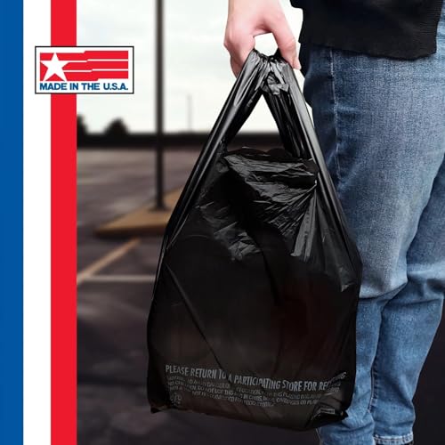 Made in USA Black Plastic T-Shirt Carry Out Bags, 11.5" x 6.5" x 22", Heavy Duty .491 mil Retail Shopping Bags, 1000 Count