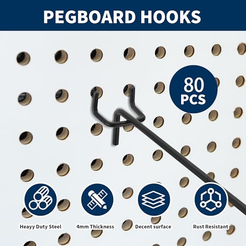 80 Pcs 4 Inch Black Pegboard Hooks Metal Hangers
