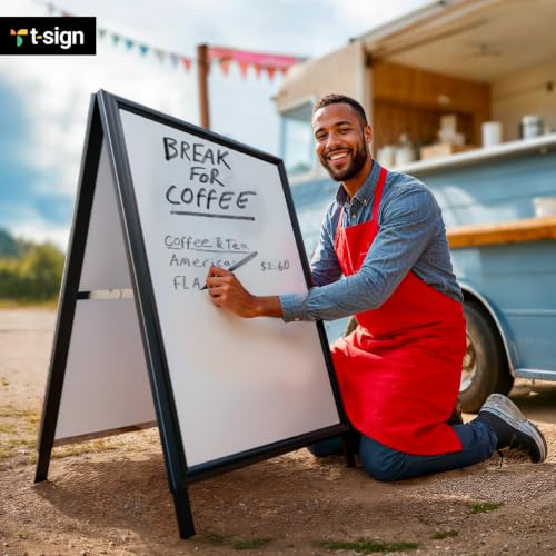 T-SIGN Sidewalk Sign for Indoor & Outdoor Sign - Open Aluminum A Frame Sign Poster Board 24x36 Inches, White Dry Erase Surface - Heavy Duty Double Sided Sandwich Board, Street Advertising Sign Board - color: Black - Premium Dry Erase Surface