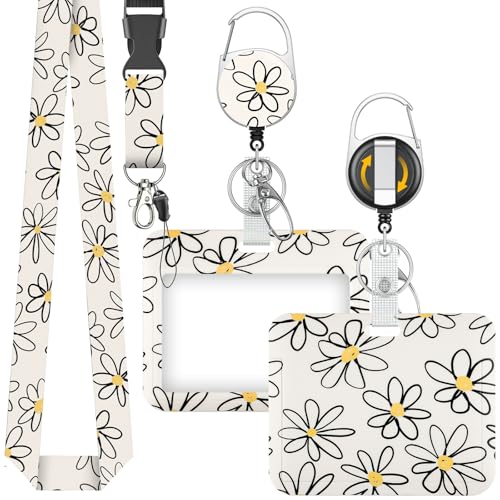 Uniclife Fashionable Sliding Badge Holder Flower Pattern with Reel - color: Beige Base Daisy-horizontal