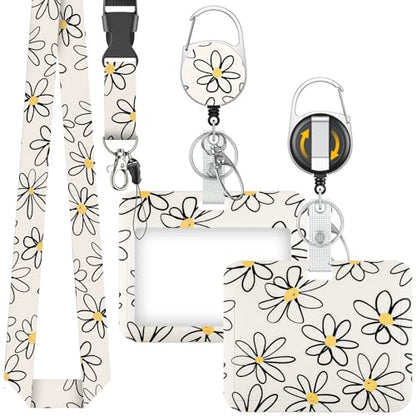 Uniclife Fashionable Sliding Badge Holder Flower Pattern with Reel - color: Beige Base Daisy-horizontal