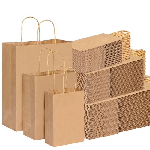 OUTUXED 180pcs Paper Bags with Handles Brown Kraft Paper Gift Bags - color: brown, size: 1 Count (Pack of 180)