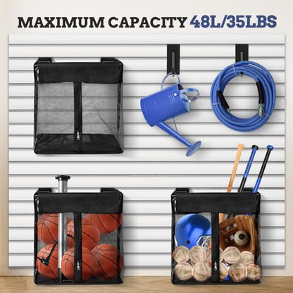 Large Mesh Slatwall Baskets 2 Sets, 16x16x12 Inch Slat Wall Mesh Baskets with 4 Hooks, 48L Mounted Hanging Slatwall Basket for Shop Garage Gym Toy Display Storage Panel Accessories