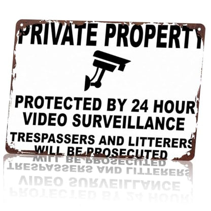 Private Property Protected By 24 Hour Video Surveillance Metal Sign 8x12 Inch, Funny Aluminum Wall Decor for Home Garden Farm Yard Warehouse Office Front Door Gate Wall Decor