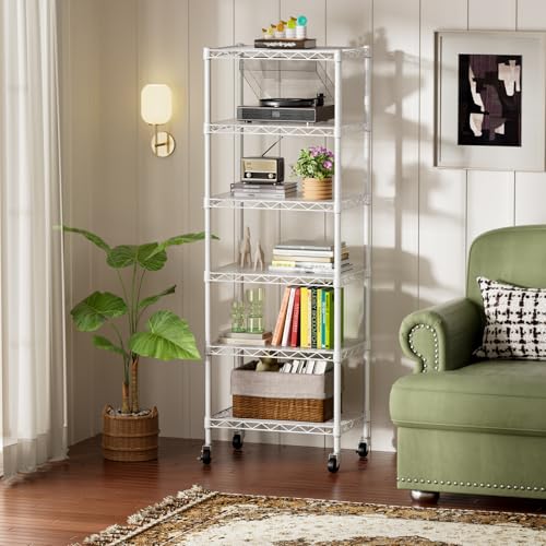 SINGAYE 6 Shelves Storage Shelf Wire Shelving Unit Metal Adjustable Wheels - color: White, size: 6Tier/11.5"D X 17.5"W X 61.5"H