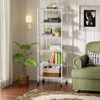 SINGAYE 6 Shelves Storage Shelf Wire Shelving Unit Metal Adjustable Wheels - color: White, size: 6Tier/11.5"D X 17.5"W X 61.5"H