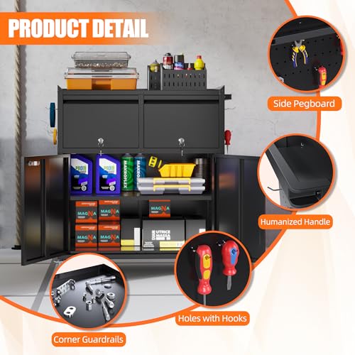 Metal Tool Cabinet with 2 Drawers, Adjustable Shelf & Wheels, Black - color: Black, size: 18.11"D x 30.31"W x 35.5"H