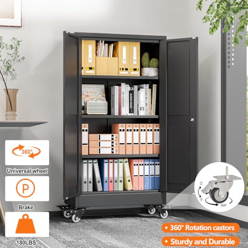 pozdeg 45.6" Black Lockable Rolling Metal Garage Storage Cabinet - color: Black, size: 11.8"D x 23.7"W x 45.6"H
