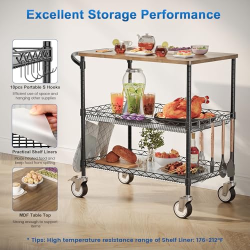 Rolling Kitchen Carts with Wheels, 3-Tier Utility Cart with Wood Tabletop - color: Wood-black
