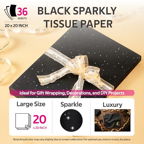 SUNCOLOR 36 Sheets Glitter Black Tissue Paper for Gift Bags, 20 x 20 Inch Sparkling Wrapping Tissue for Halloween, Crafts & Party Packaging - color: Black