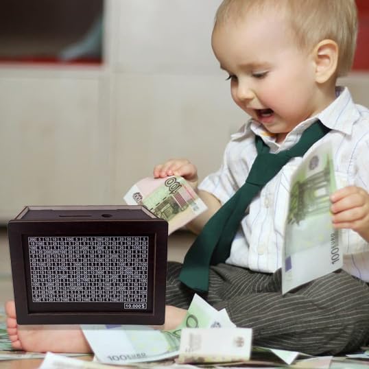 Money Saving Box Piggy Bank, Cash Coin Retro Money Savings Box with Counter for Savings Goal with Dry Erase Pen, Cash Vault Wooden Challenge Box for Boys and Girls ($10000, Brown) - color: Brown