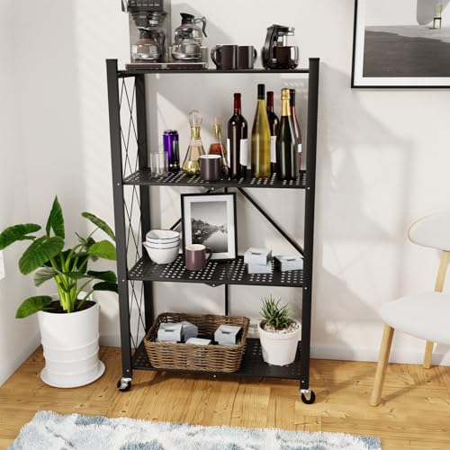 4 Tier Foldable Storage Shelf with Wheels, Metal Steel Collapsible Shelves - color: Black, size: 4 Tier