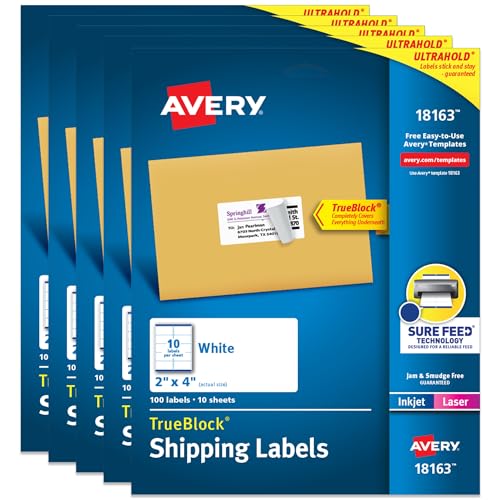 Avery Printable Shipping Labels with Sure Feed, 2" x 4" Customizable Stickers, White, 500 Blank Mailing Labels, Great for Mailing, Shipping, and More (5-Pack of 18163) - size: 0