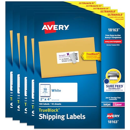 Avery Printable Shipping Labels with Sure Feed, 2" x 4" Customizable Stickers, White, 500 Blank Mailing Labels, Great for Mailing, Shipping, and More (5-Pack of 18163) - size: 0
