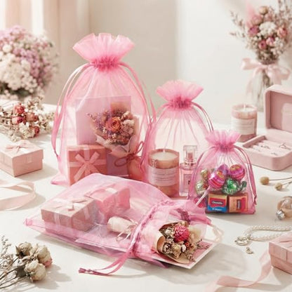 FUNFERY 100Pcs Pink Organza Bags 5x7 in,Small Mesh Drawstring Gift Bag - color: Classic Pink