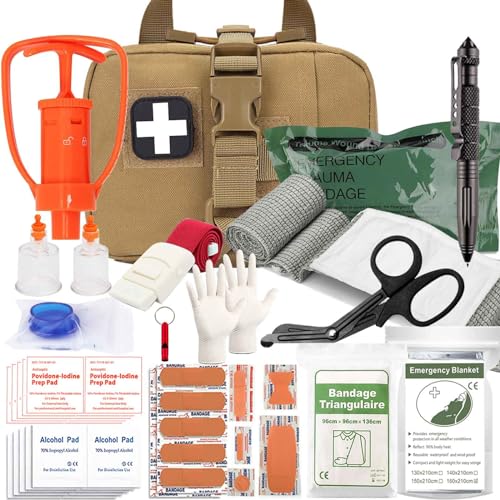 Tactical Ifak Trauma Kit - Emergency First Aid Bleeding Control Kit, Snake Bite & Bee Sting Supplies, Venom Extractor Pump - color: Tan