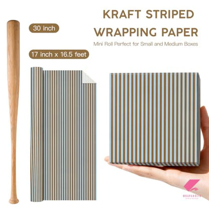 WRAPAHOLIC Kraft Stripe Wrapping Paper - 17 Inch x 16.5 Feet - Light Blue and Brown Stripe Wrapping Paper for Christmas, Birthday, Halloween, Baby Shower - color: Kraft Stripes - Light Blue & Brown, size: 17 inch x 16.5 feet