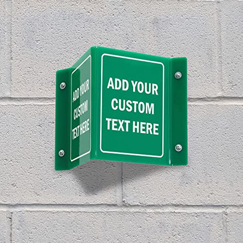 SmartSign Custom Projecting Sign - Add Your Personalized Text, 6 x 5 inch, Customizable Two-Sided V-Shaped Hallway Sign, 120 mil Polished Acrylic - color: Custom White on Green Acrylic