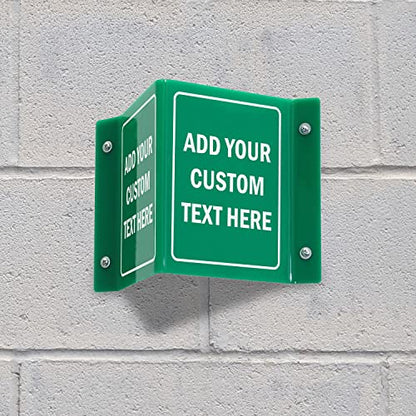 SmartSign Custom Projecting Sign - Add Your Personalized Text, 6 x 5 inch, Customizable Two-Sided V-Shaped Hallway Sign, 120 mil Polished Acrylic - color: Custom White on Green Acrylic