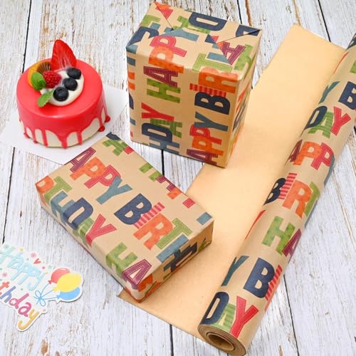 Birthday Wrapping Paper, Gift Wrapping Paper Boy Roll - 17 inch X 32.8 Feet - color: Happy Birthday-B
