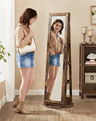 SONGMICS 360° Swivel Jewelry Cabinet, Full-Length Mirror, Lockable - color: Rustic Brown, style: Framed Mirror, Classic