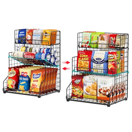 X-cosrack 3-Tier Snack Organizer Rack Bins with Adjustable Tilting Design for Pantry Storage,Metal Wire Snack Holder for Kitchen Bathroom Cabinets Countertops
