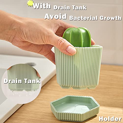 Cactus Mini Dish Brush Set with Drip Tray (3 Replacement Brushes), Durable Kitchen Cleaning Scrubbers for Plates, Pans, Pots, Sink (Green) - color: Green