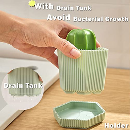 Cactus Mini Dish Brush Set with Drip Tray (3 Replacement Brushes), Durable Kitchen Cleaning Scrubbers for Plates, Pans, Pots, Sink (Green) - color: Green