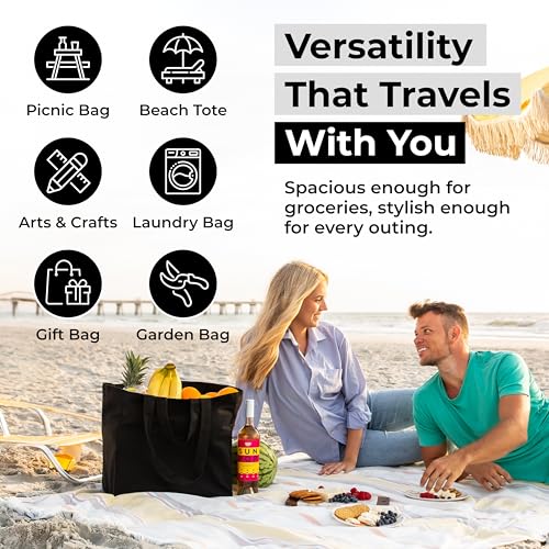 VeraMia Canvas Grocery Bag 3pc XL Set with Real Pockets, Long Shoulder Strap and Short Handle. Heavy Duty, Foldable, Washable - color: Black