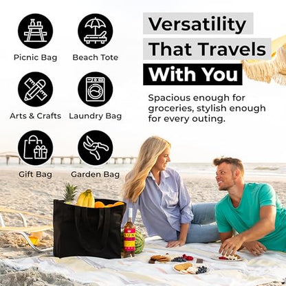 VeraMia Canvas Grocery Bag 3pc XL Set with Real Pockets, Long Shoulder Strap and Short Handle. Heavy Duty, Foldable, Washable - color: Black