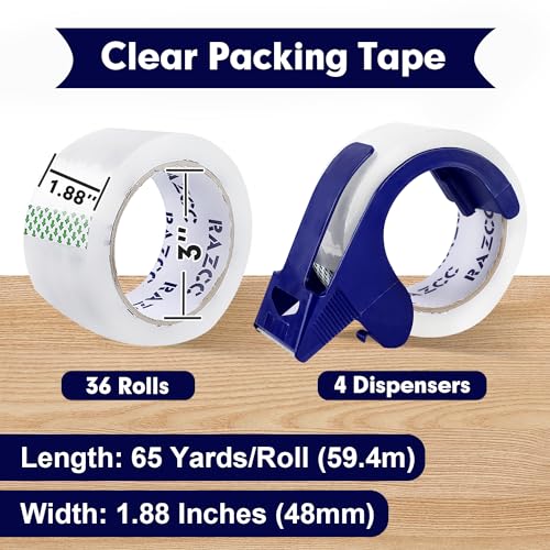 RAZCC Packing Tape, 36 Rolls Clear Heavy Duty Packaging Tape with Dispensers for Packing Shipping Moving Mailing, Thicker Sealing Tape - 1.88" x 65 Yard Per Roll, 2340 Total Yards - size: 1.88inch-36 Rolls