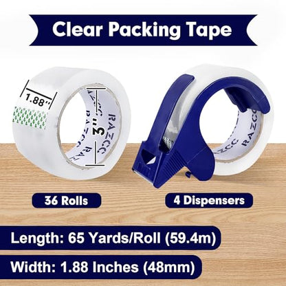 RAZCC Packing Tape, 36 Rolls Clear Heavy Duty Packaging Tape with Dispensers for Packing Shipping Moving Mailing, Thicker Sealing Tape - 1.88" x 65 Yard Per Roll, 2340 Total Yards - size: 1.88inch-36 Rolls
