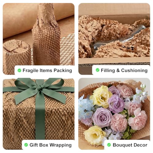SMART&CASUAL Honeycomb Packing Paper 12" W x 180' L Bubble Cushioning Wrap for Packing Moving Product Gift Wrapping Paper Recyclable Biodegradable Shipping Packing Materials (20 Fragile Stickers) - size: 12 Inch x 180 Feet