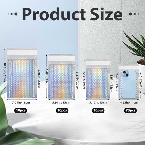 Henoyso 100 Pcs Holographic Bubble Mailer 4 Sizes Adhesive Padded Envelopes - color: Laser