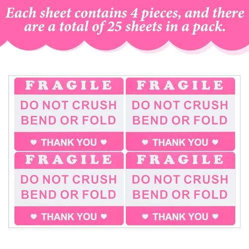 Mabor 100Pcs 2"x3" Pink Fragile Sticker, Do Not Crush Bend or Fold Labels