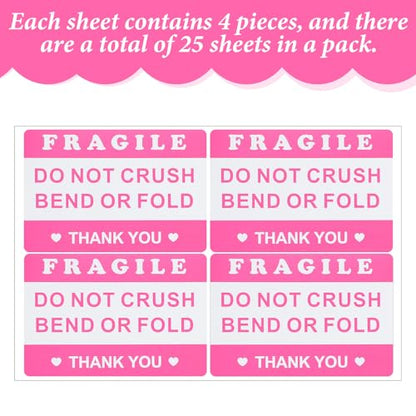 Mabor 100Pcs 2"x3" Pink Fragile Sticker, Do Not Crush Bend or Fold Labels