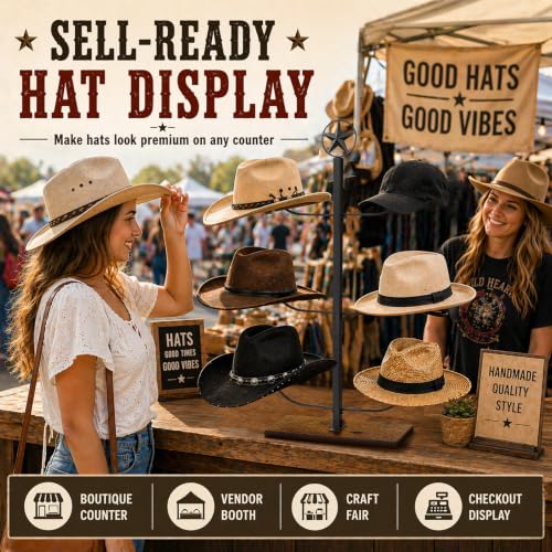 Cowboy Hat Display Stand for 6 Hats, Freestanding Countertop Hat Rack