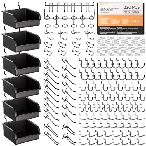 INCLY 220PCS Pegboard Accessories Organizer Kit for 1/4 Inch Pegboard - size: 220PCS