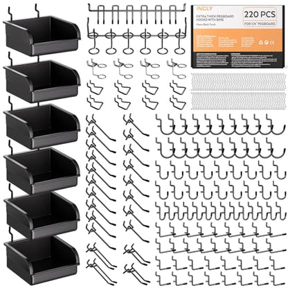 INCLY 220PCS Pegboard Accessories Organizer Kit for 1/4 Inch Pegboard - size: 220PCS