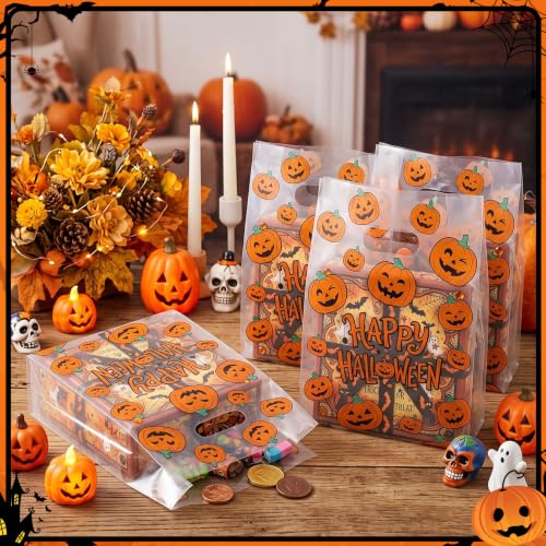 Pasimy 25 Pcs Halloween Bags with Handles, 11.8x7.9'' Clear Pumpkin - style: Pumpkin