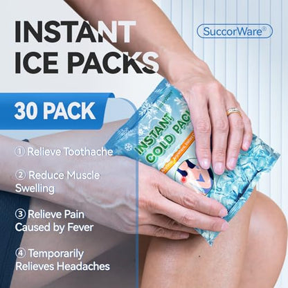 SuccorWare 30 Pack Instant Ice Packs for Injuries(4.9''x5.9'') Disposable Cold Packs for Pain Relief, Swelling, Sprains & Outdoor Activities - size: 30 Packs(4.9''x5.9'')