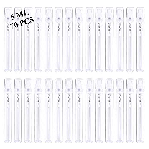Mini Spray Bottles 70PCS 5ML Clear Plastic Empty Sample Containers Fine Mist Perfume Travel Refillable Spray Bottle Perfume Atomizer Small Travel Size Spray Bottle for Cleaning, Essential Oils - size: 5ml 70 Pcs