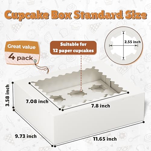 RYDDOY 4 Pack White Cupcake Boxes, Hold 12 Count Cupcake, Cupcake Carriers - color: White