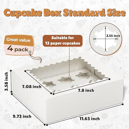 RYDDOY 4 Pack White Cupcake Boxes, Hold 12 Count Cupcake, Cupcake Carriers - color: White