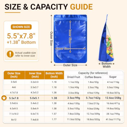 ANZNKU 100PCS Mylar Bags Resealable Small Smell Proof Bags(Blue, 5.5x7.8) - color: Blue, size: 5.5x7.8"