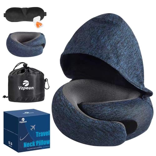Travel Pillow - Hooded Neck Pillow Airplane Memory Foam Filling - color: Midnight Blue