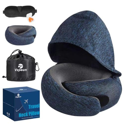 Travel Pillow - Hooded Neck Pillow Airplane Memory Foam Filling - color: Midnight Blue