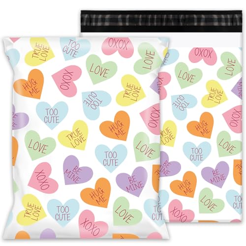 Whaline 100Pcs Valentine's Day Poly Mailer 10 x 13 In Colorful Conversation Heart Mailing Bag Pastel Self-Sealing Plastic Packaging Envelope Bag For Small Business - style: Pastel Conversation Heart
