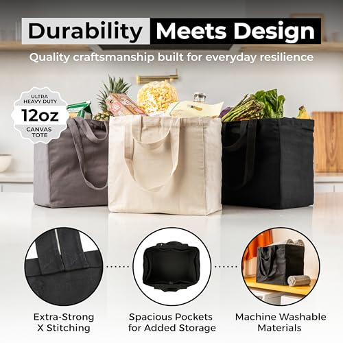 VeraMia Canvas Grocery Bag 3pc XL Set with Real Pockets, Long Shoulder Strap and Short Handle. Heavy Duty, Foldable, Washable - color: Black