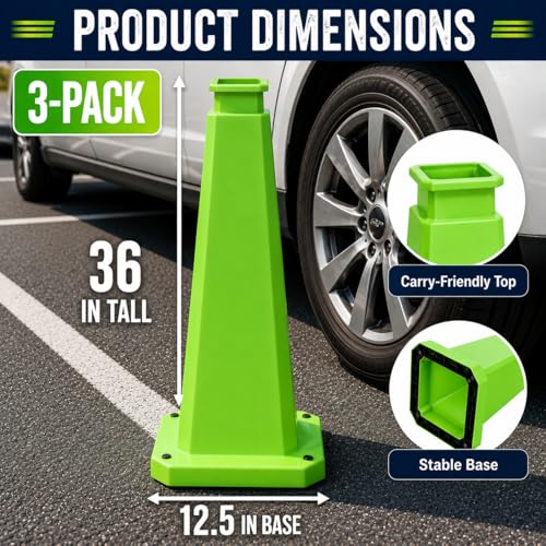 BESEA 3 Pack 36 Inch Green Traffic Cones with Weighted Base - color: Green, size: 36INCH